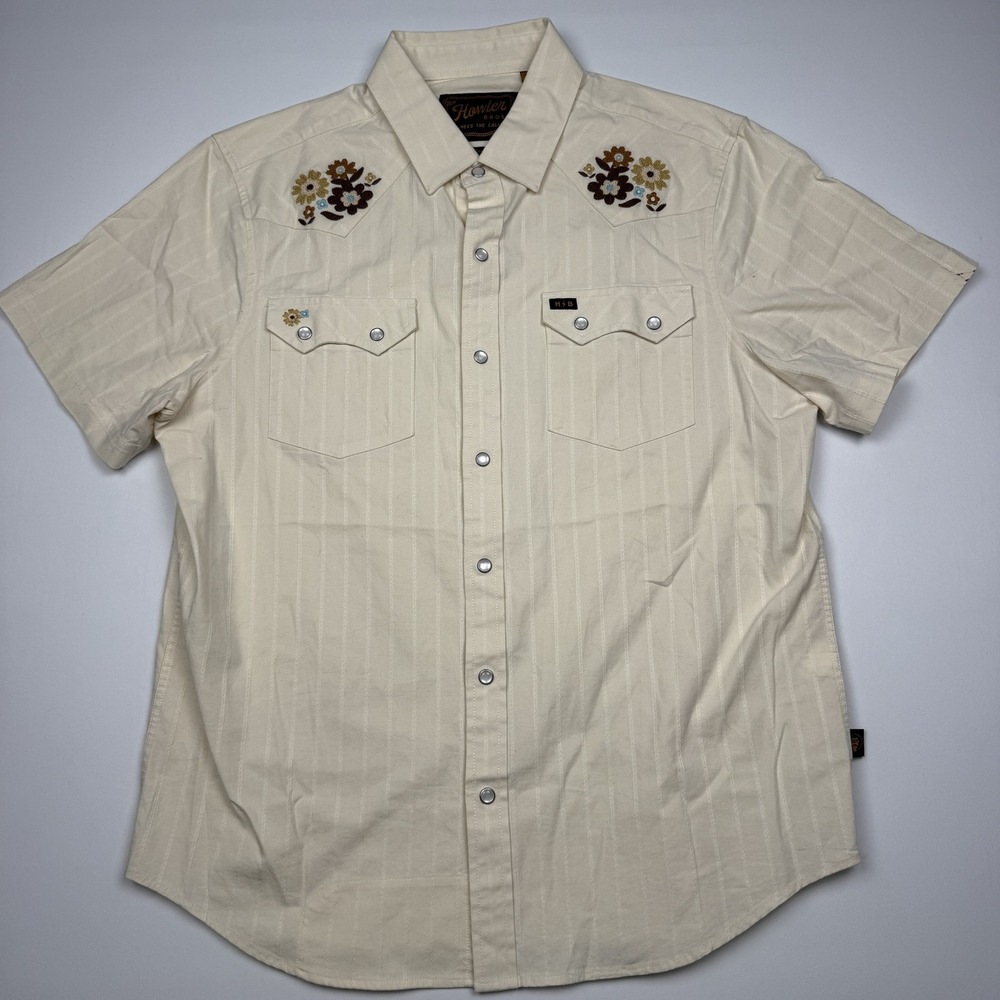 Howler Bros Crosscut Shirt Mens Medium Beige Western Pearl Snap Short Sleeve